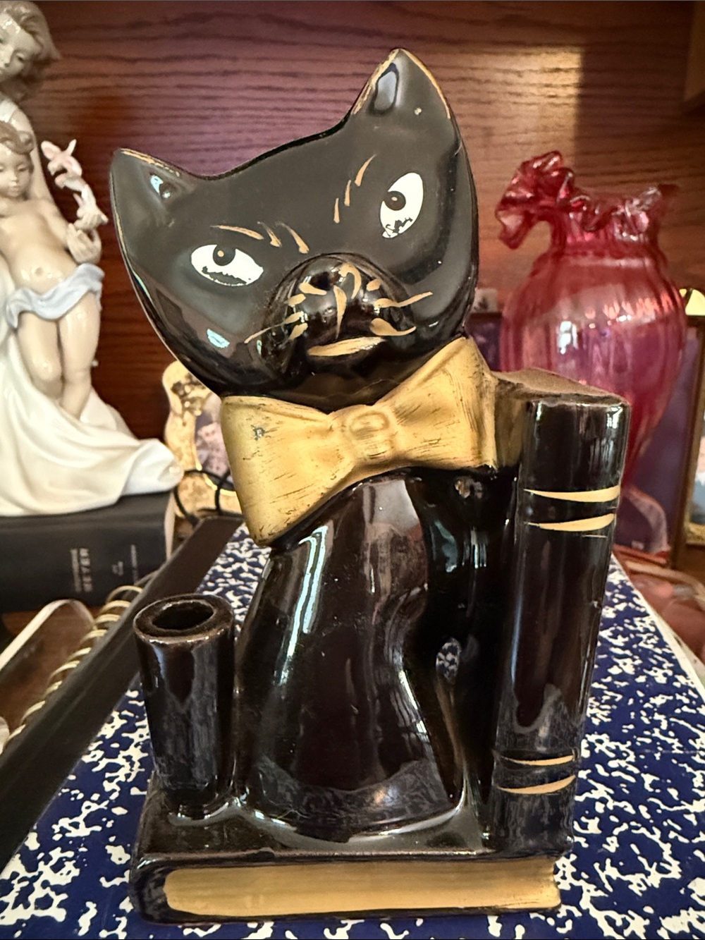 Glossy Black Ceramic Cat Bookend with Gold Accents Momma Cat